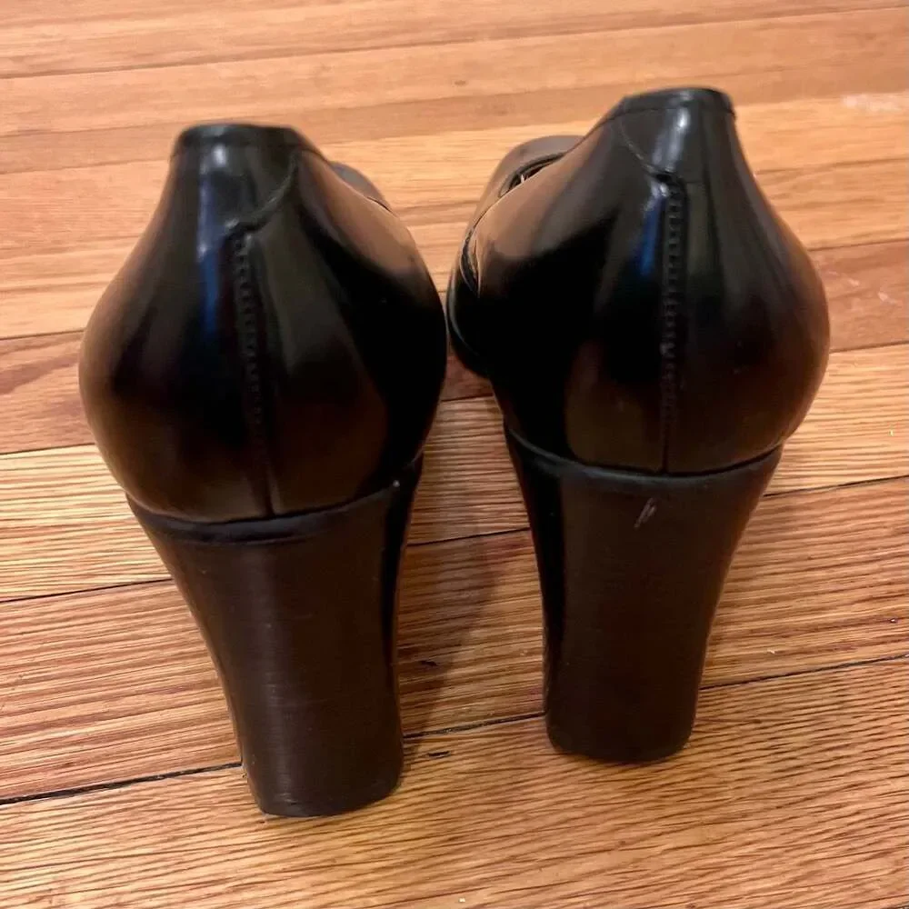 Jacqueline Ferrar Vintage Black Leather Block Heel Pumps Square Toe Shoes 8.5M